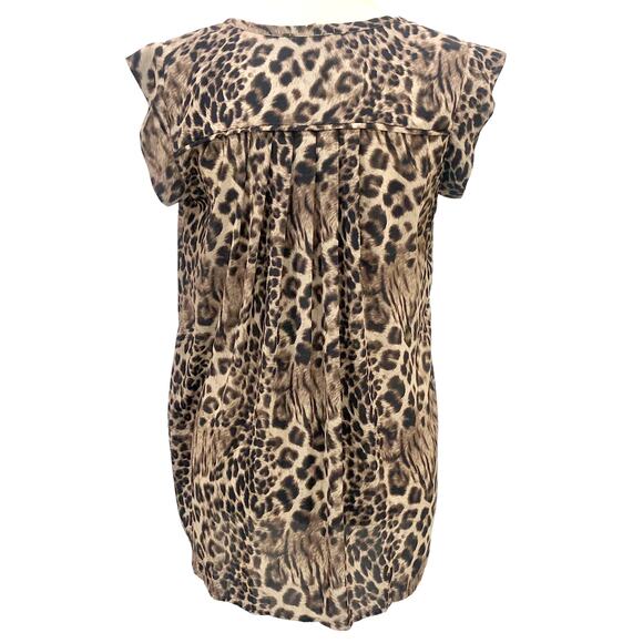 Pleione Brown Cream Leopard Print Notched V-Neck Cap Sleeve Hi-Lo Blouse - Picture 4 of 8